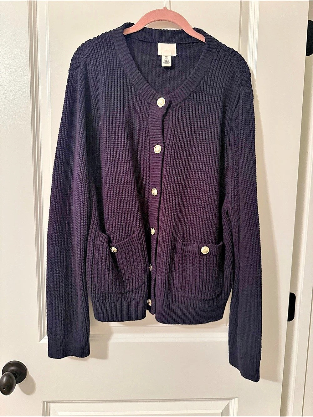H&M Textured-Knit Cardigan Ribbed Button Front Purple Medium